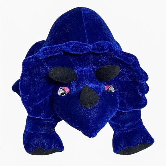 Vtg 90s BJ Toys Blue Dinosaur Stuffed Animal Plush Triceratops Cobalt Velour 15” - Picture 2 of 8